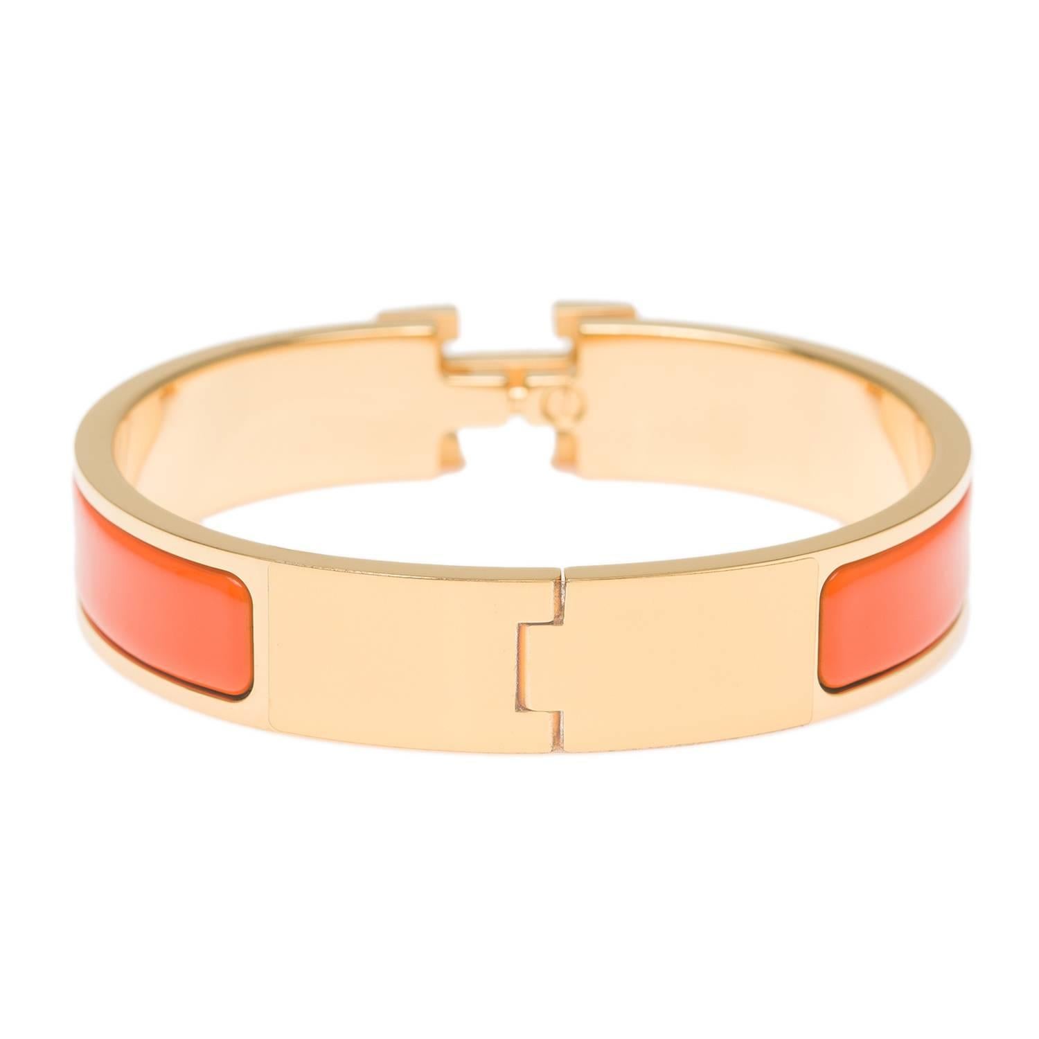 Hermes Orange Clic Clac H Narrow Enamel Bracelet PM In New Condition In New York, NY