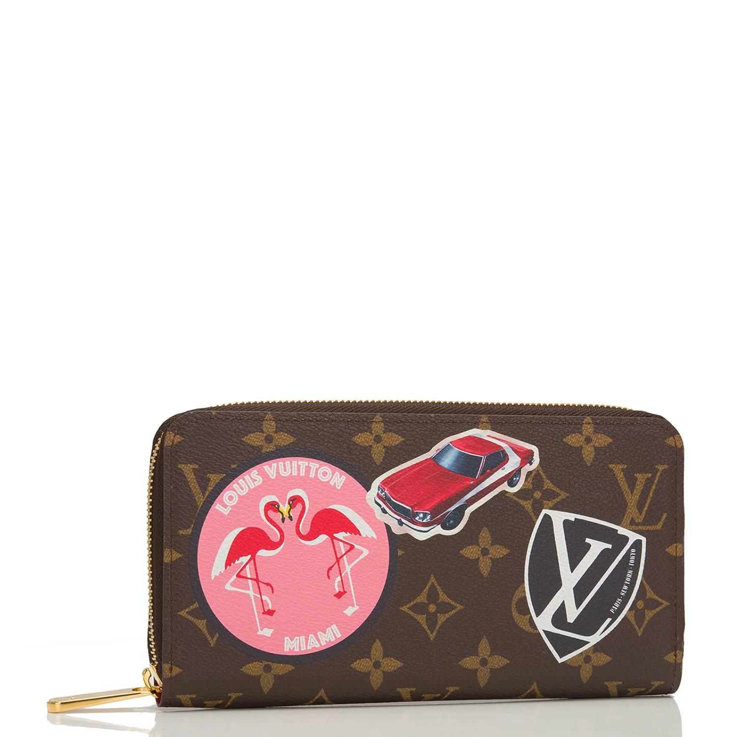 Louis Vuitton Monogram World Tour Zippy Wallet of coated canvas and polished brass hardware.

This limited edition wallet features stamps screened over the classic Monogram design and a 3/4 wrap around zipper with Louis Vuitton stamped polished