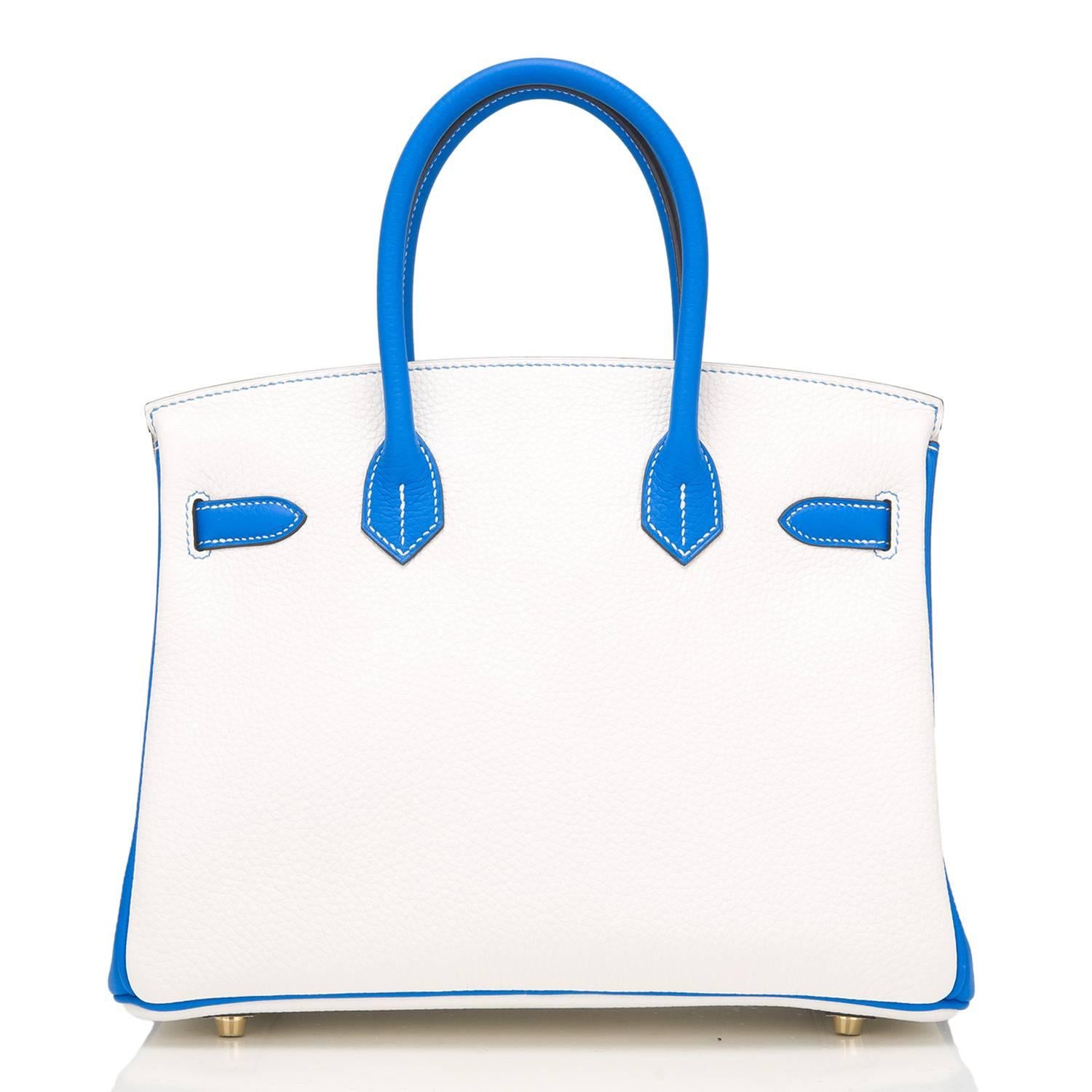 Hermes HSS White And Blue Hydra Clemence Birkin 30cm Brushed Gold Hardware In New Condition For Sale In New York, NY