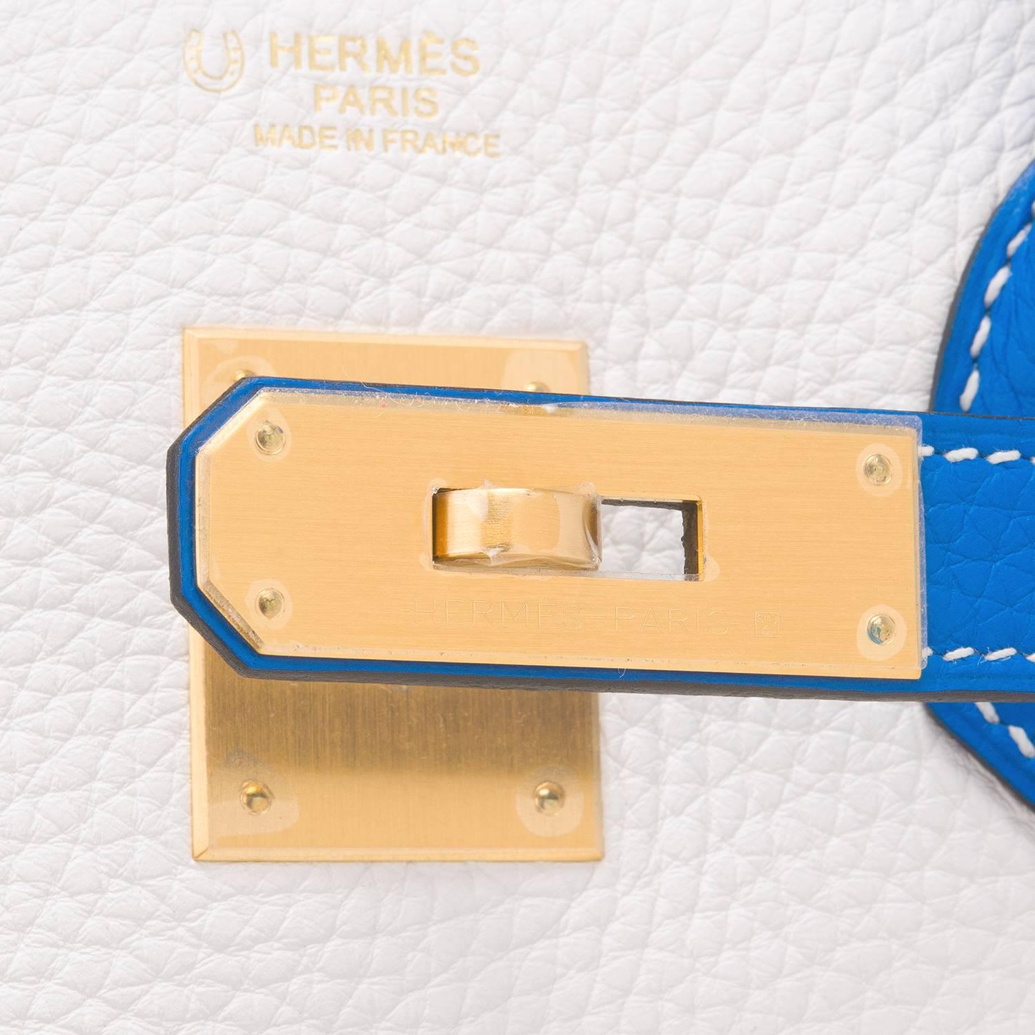 Hermes HSS White And Blue Hydra Clemence Birkin 30cm Brushed Gold Hardware For Sale 1