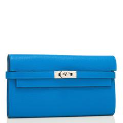 Hermes Blue Zanzibar Palladium Hardware Chevre Mysore Kelly Long Wallet