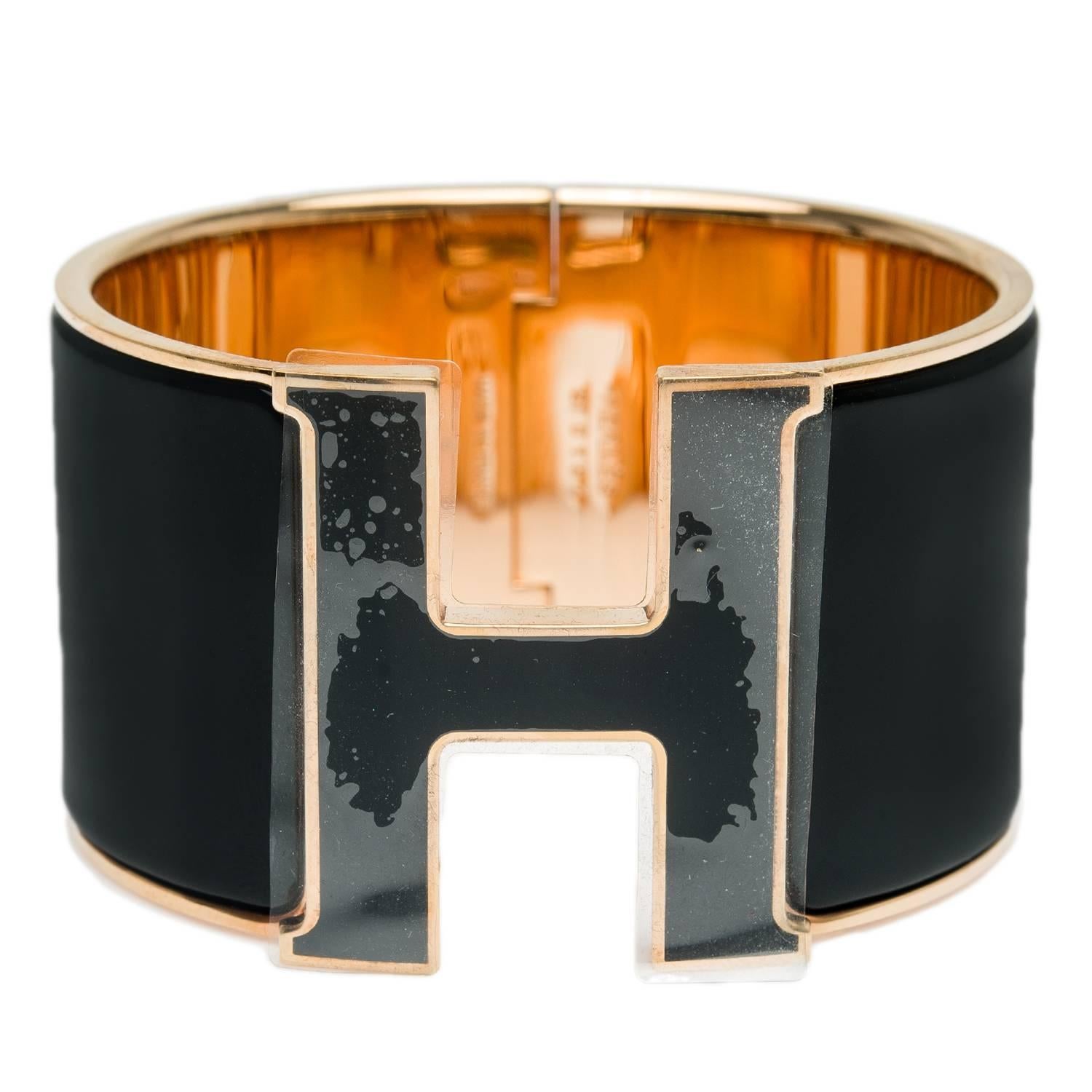 Hermes Black With Black Lacquer H Clic Clac H Extra Wide Enamel Bracelet PM For Sale
