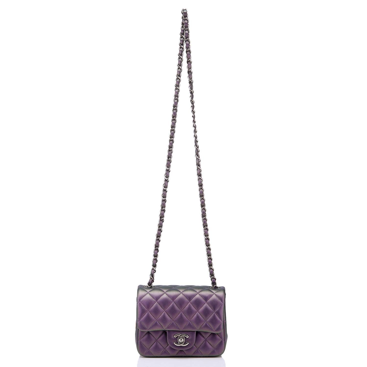 Gray Chanel Iridescent Purple Quilted Lambskin Square Mini Classic Flap Bag For Sale