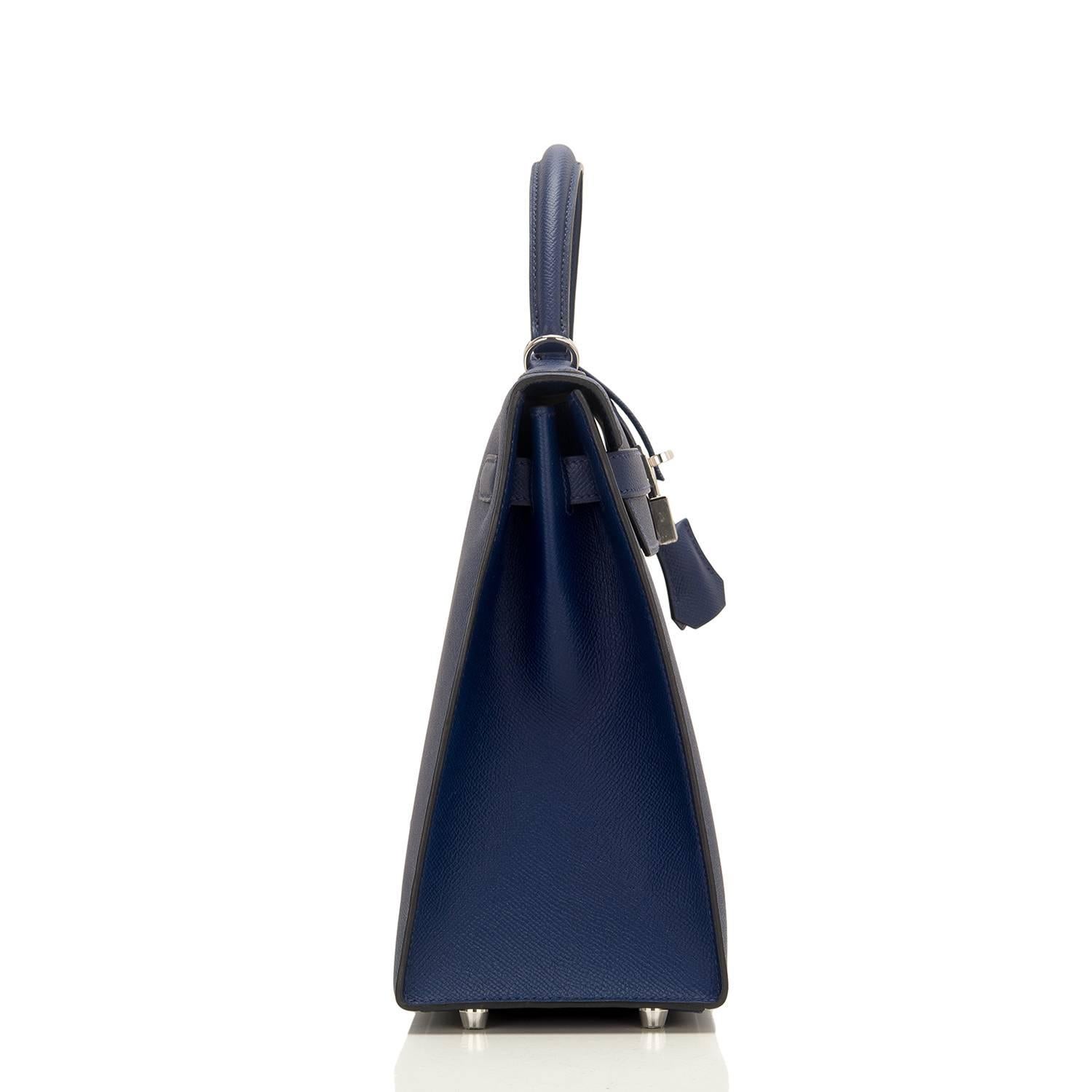 Hermes Blue Sapphire Epsom Sellier Kelly 32cm Palladium Hardware In Excellent Condition For Sale In New York, NY