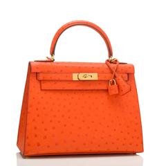 Hermes 28cm Gold Hardware Tangerine Ostrich Sellier Kelly Bag