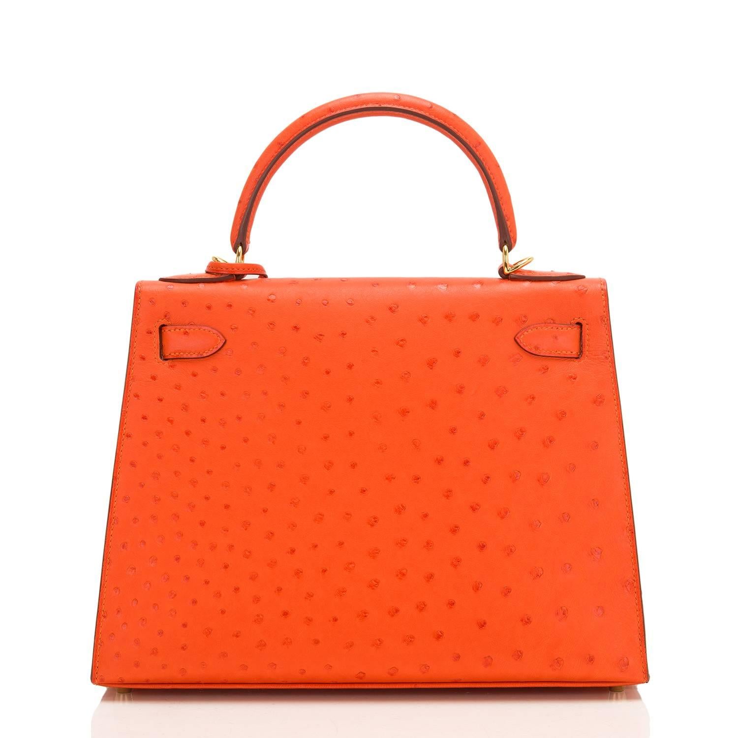 Red Hermes 28cm Gold Hardware Tangerine Ostrich Sellier Kelly Bag For Sale