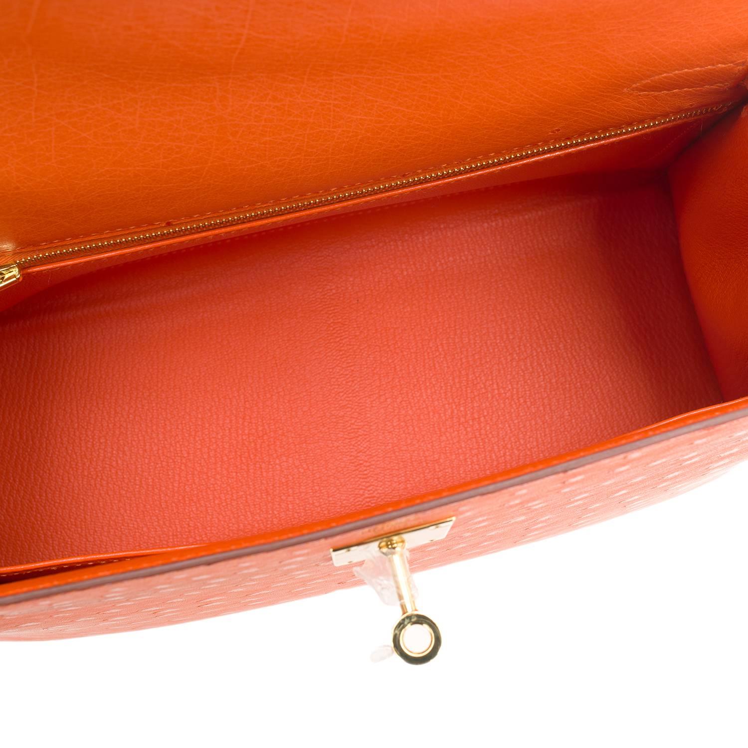 Hermes 28cm Gold Hardware Tangerine Ostrich Sellier Kelly Bag For Sale 1