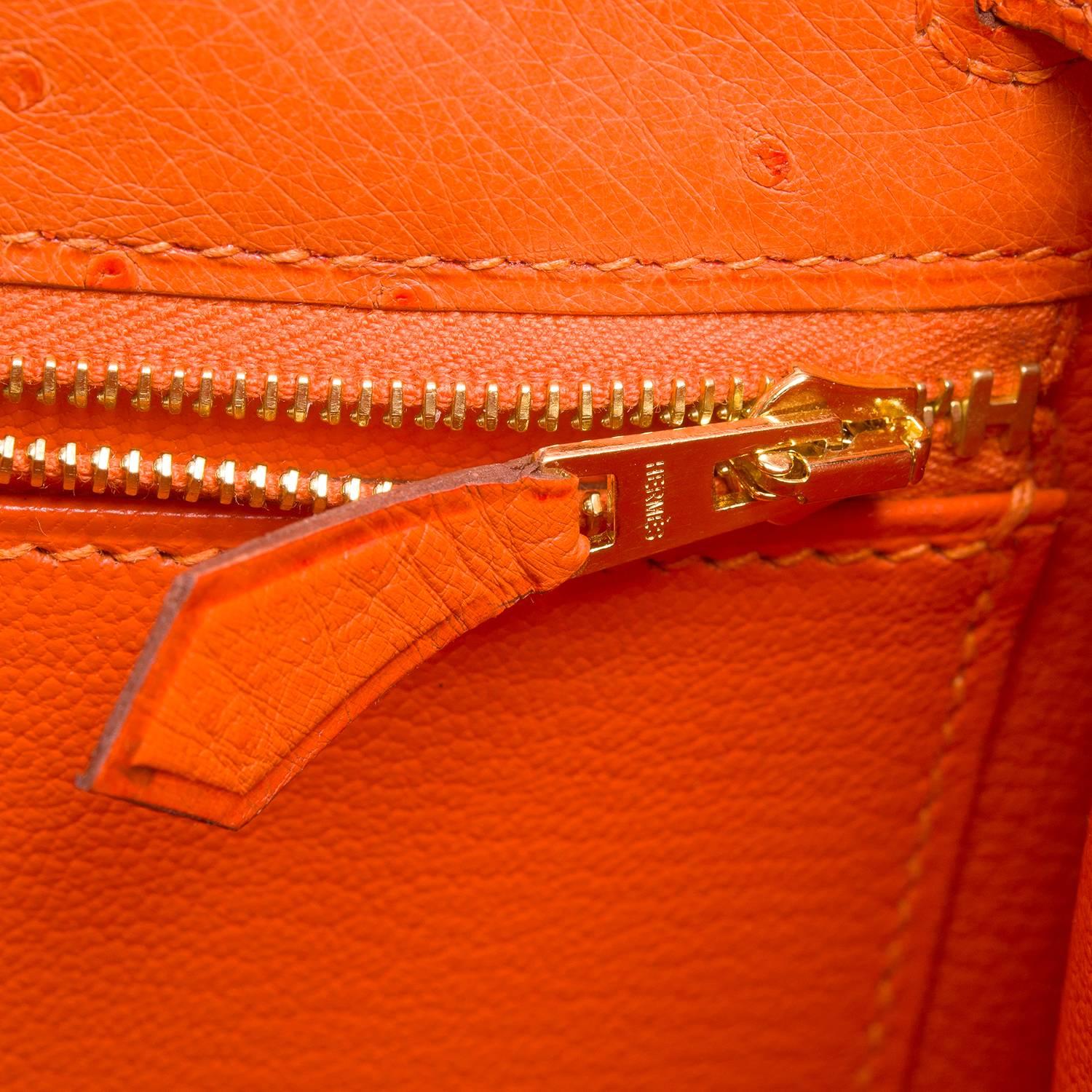 Hermes 28cm Gold Hardware Tangerine Ostrich Sellier Kelly Bag For Sale 2