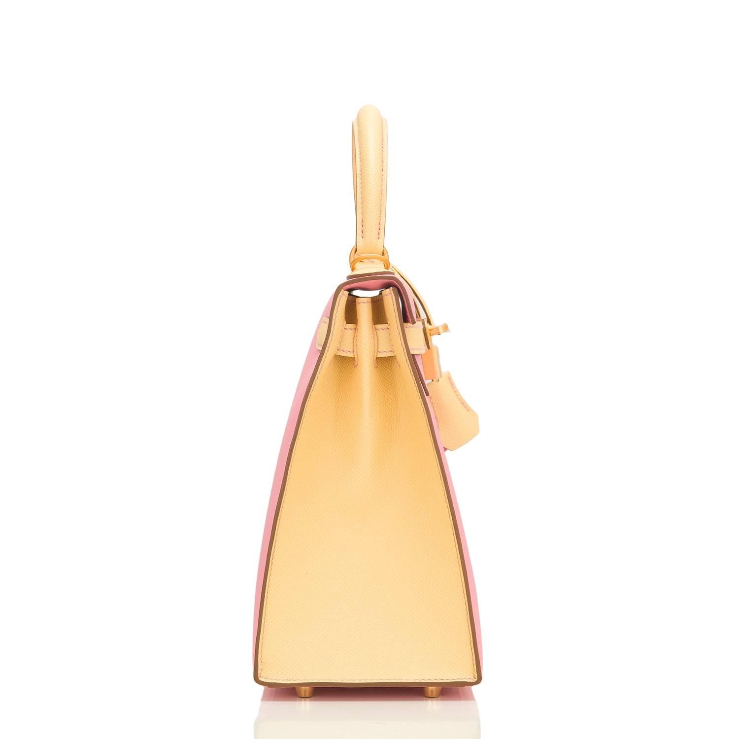 Hermes HSS Bi-Color Rose Confetti and Jaune Poussin Epsom Sellier Kelly 28cm In New Condition In New York, NY