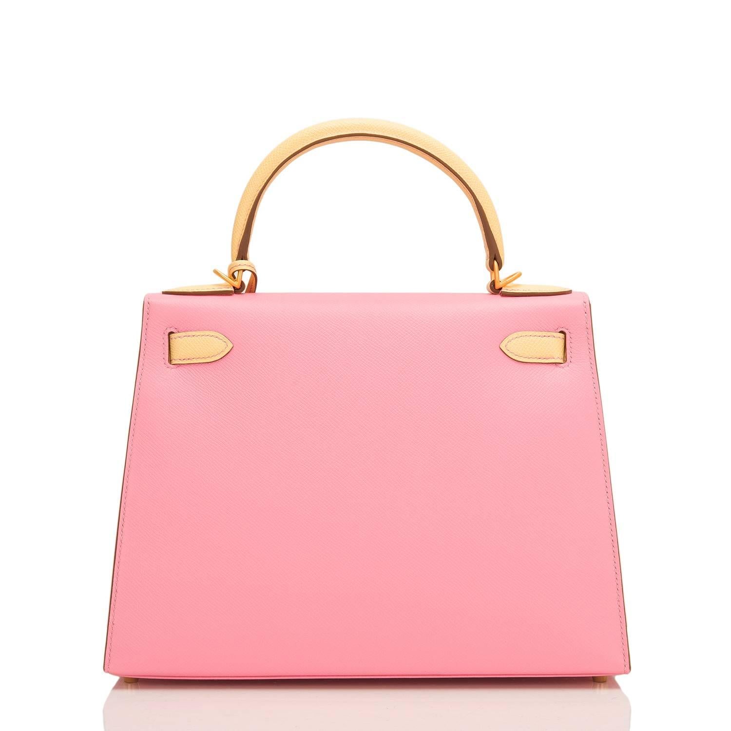 Women's Hermes HSS Bi-Color Rose Confetti and Jaune Poussin Epsom Sellier Kelly 28cm