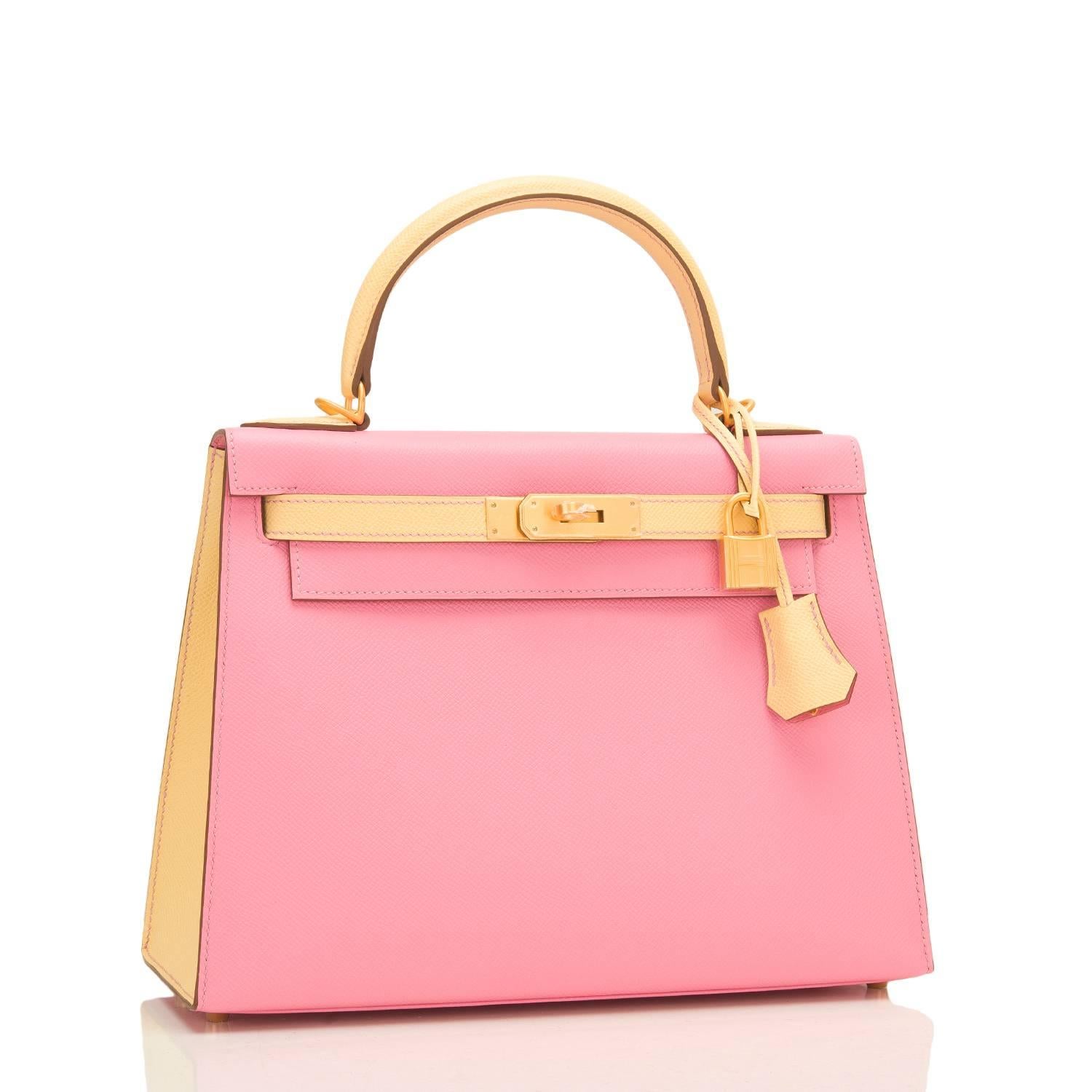Hermes Horseshoe Stamp (HSS) bi-color Kelly 28cm of Rose Confetti and Jaune Poussin epsom leather with brushed gold hardware.

This Special Order Kelly bag features a front toggle closure, a clochette with lock and two keys, a single rolled handle