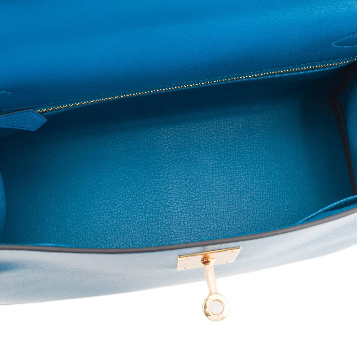 Hermes Blue Izmir Tadelakt Retourne 28cm Gold Hardware Kelly Bag For Sale 2