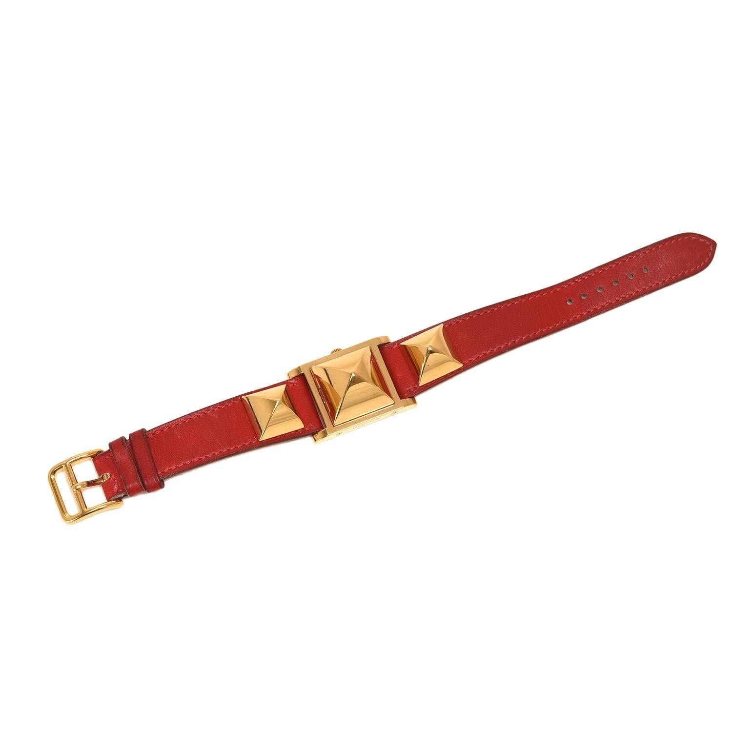 Hermes Medor Watch PM Rouge Calfskin Leather Band For Sale
