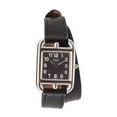 Used Hermes Graphite Cape Cod Watch PM Black Barenia Leather Double Tour Band