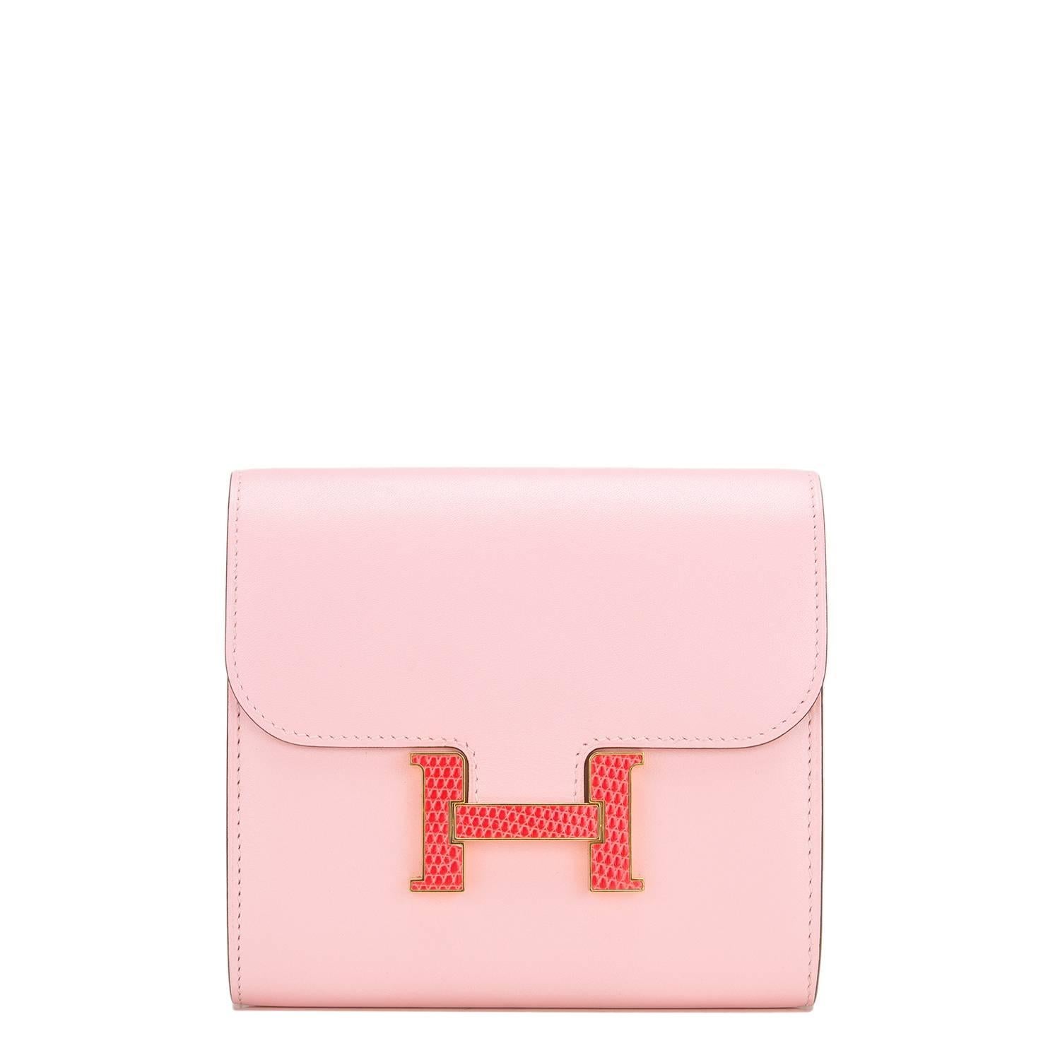 Hermes Rose Sakura Tadelakt Constance Compact Wallet with Bougainvillea Lizard H