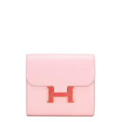 Hermes Rose Sakura Tadelakt Constance Compact Wallet with Bougainvillea Lizard H