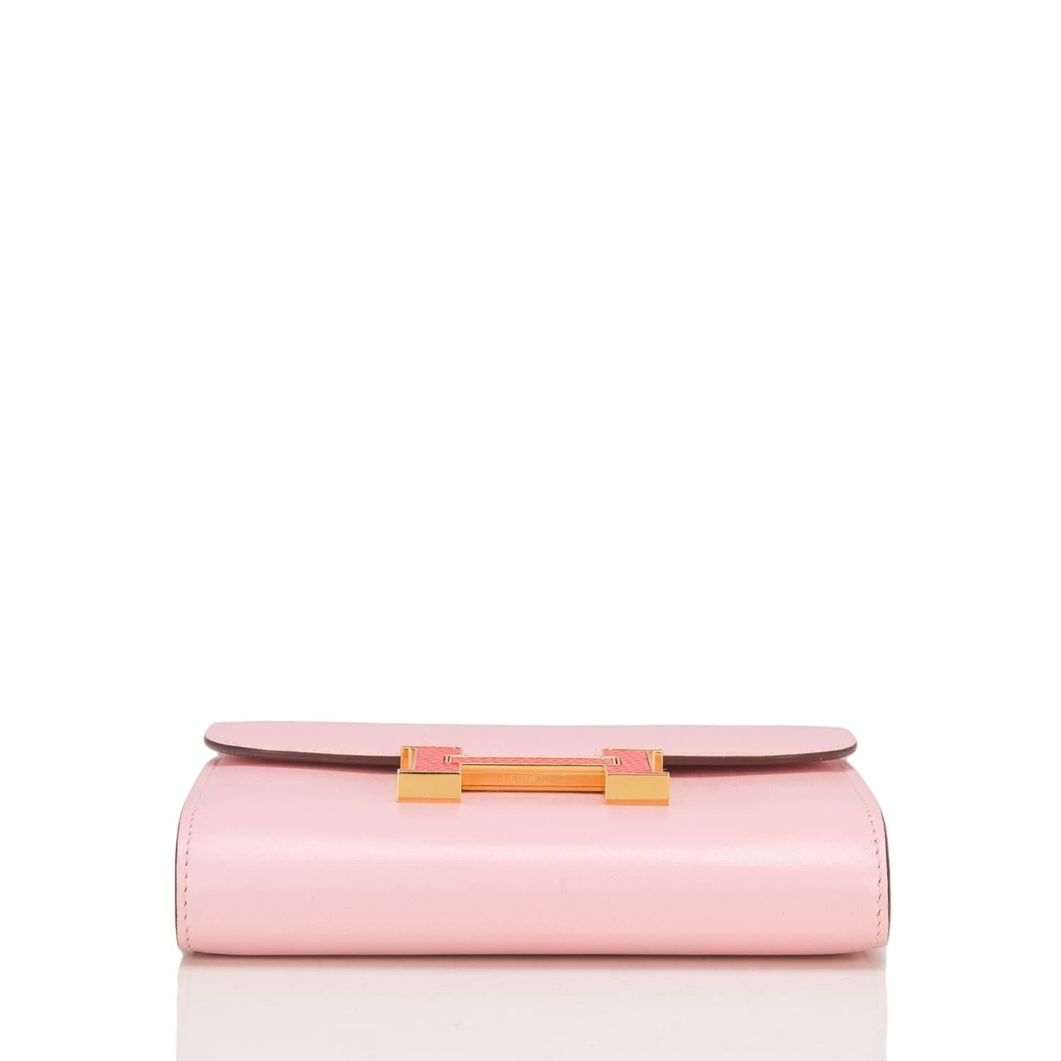 Women's Hermes Rose Sakura Tadelakt Constance Compact Wallet with Bougainvillea Lizard H