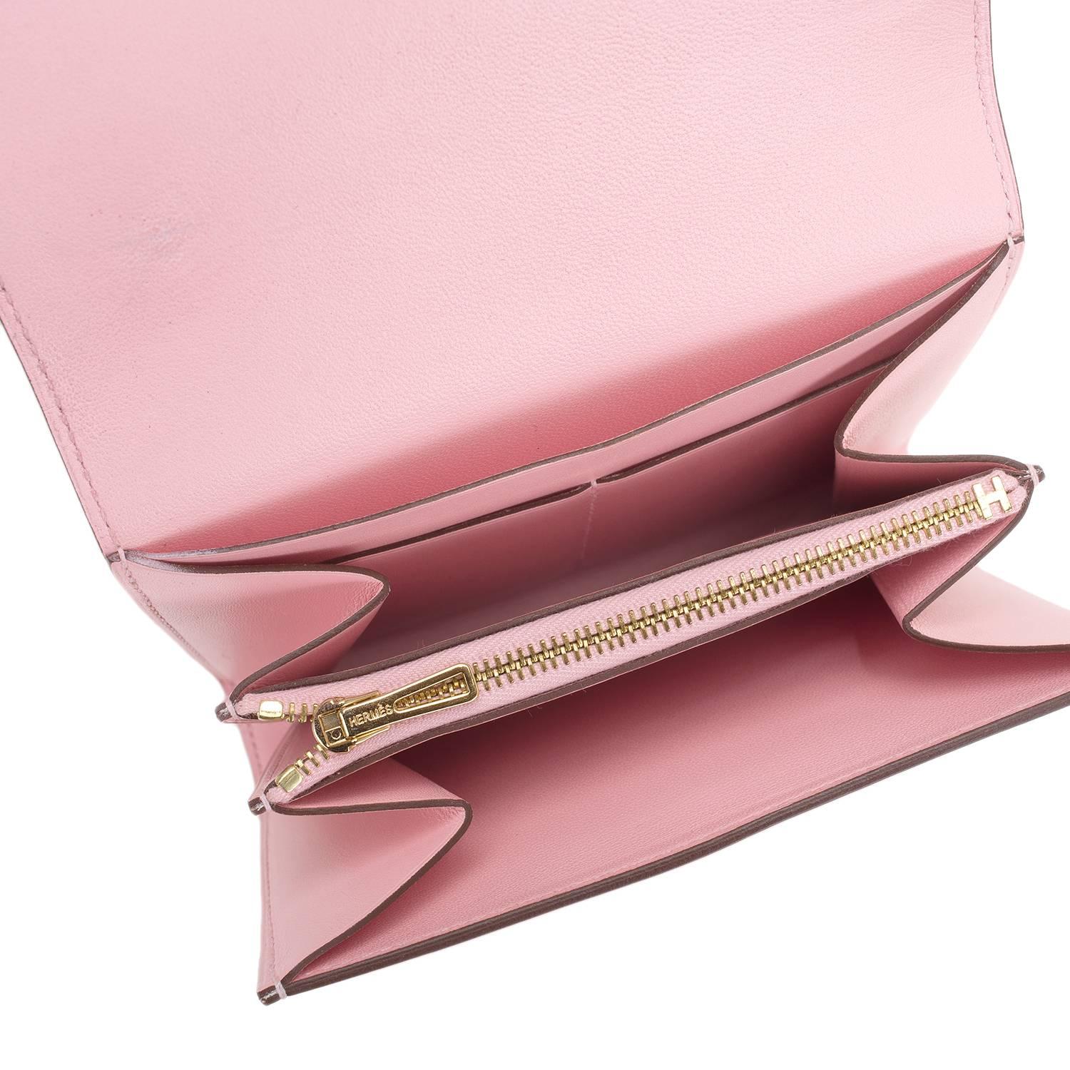 Hermes Rose Sakura Tadelakt Constance Compact Wallet with Bougainvillea Lizard H 1