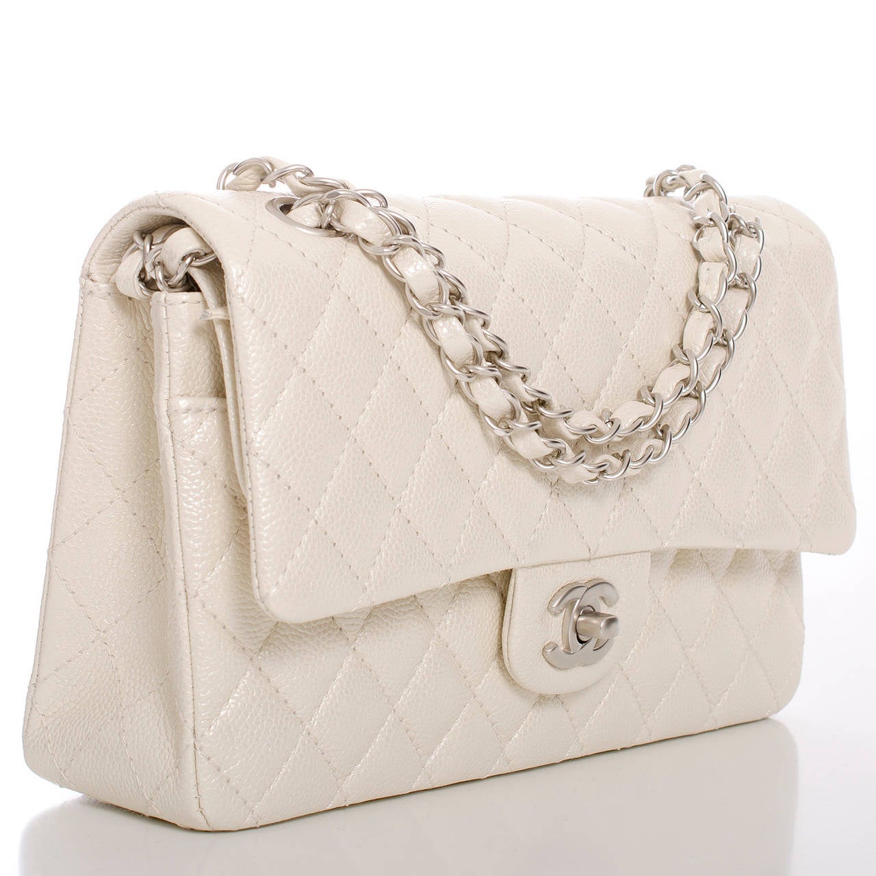 Chanel Pearlescent Ivory Quilted Glazed Caviar Large Classic Double ...