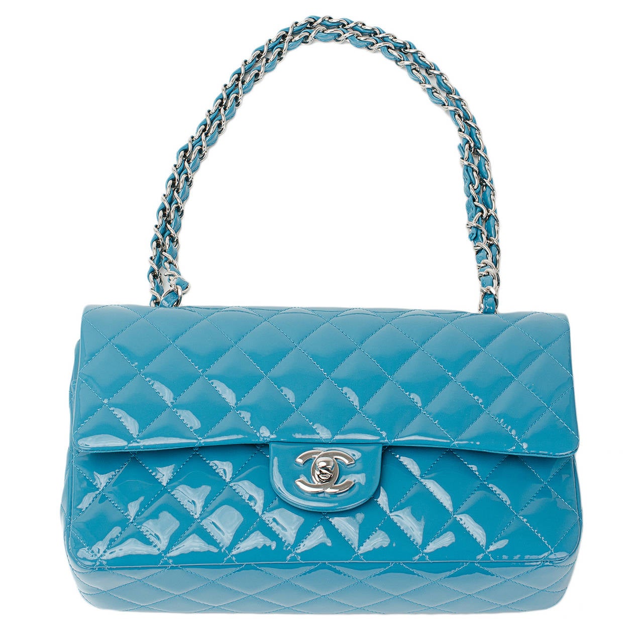 Women's Chanel Turquoise Quilted Patent Medium Classic Double Flap Bag