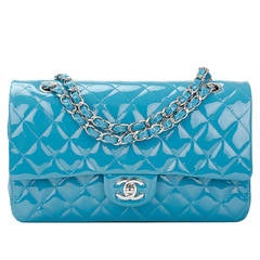 Chanel Turquoise Quilted Patent Medium Classic Double Flap Bag
