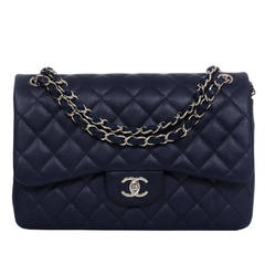 Chanel Navy Quilted Caviar Jumbo Classic Double Flap Bag