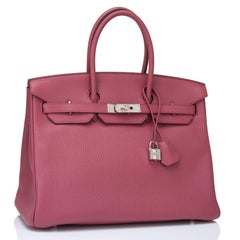 Hermes Bois de Rose Clemence Palladium Hardware Birkin 35cm Bag