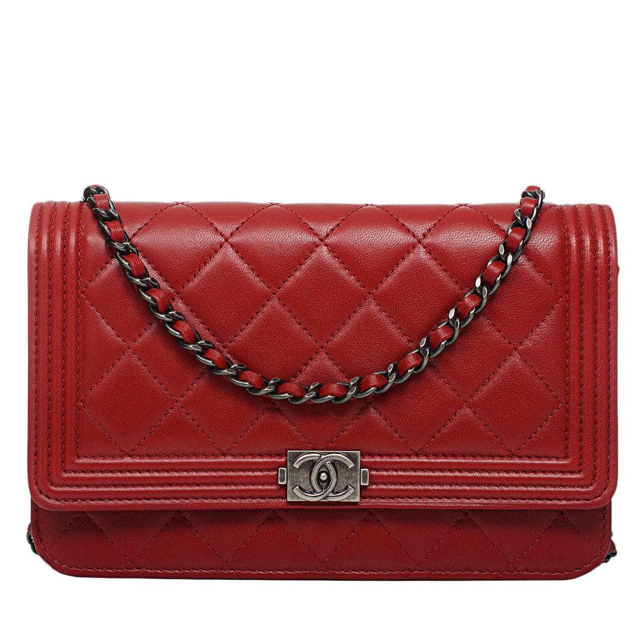 Chanel Red Quilted Lambskin Boy Wallet On Chain (WOC) at 1stDibs