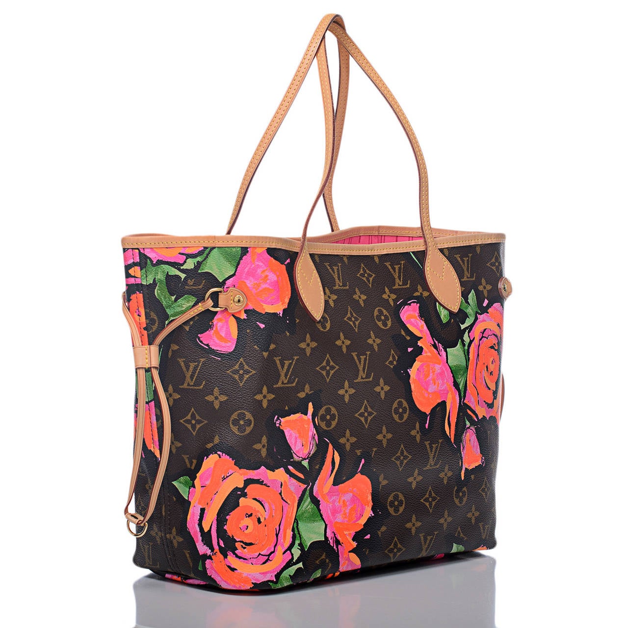 Louis Vuitton Monogram Roses Neverfull MM of coated canvas overlaid with Day-Glo colored roses designed in tribute to Stephen Sprouse.

This classic tote features polished brass hardware, vachetta leather trim, adjustable drawstring sides, hidden