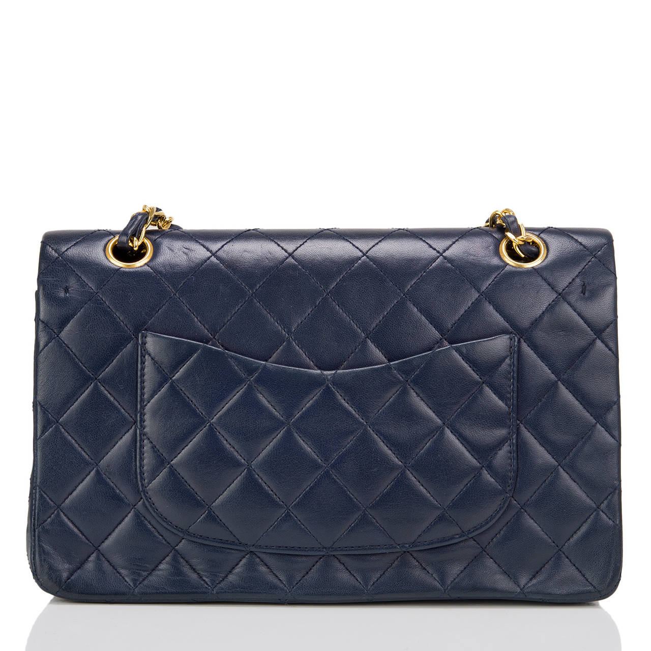 Chanel Vintage Navy Quilted Lambskin Large Classic Double Flap Bag In Excellent Condition In New York, NY