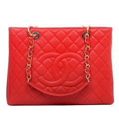 Chanel Red Quilted Caviar Grand Shopper Tote (GST) Bag