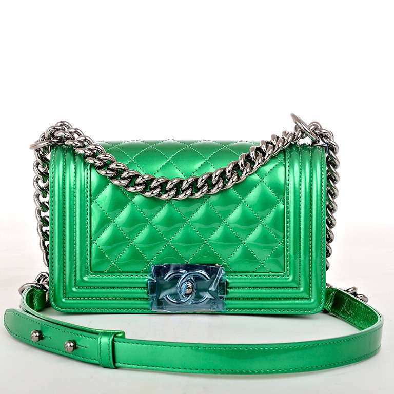 Chanel metallic green quilted patent leather Small Boy Bag with ruthenium hardware, metallic green lambskin gussets and bottom, front flap with CC push lock closure and ruthenium chain link and green leather padded shoulder strap. Interior is lined