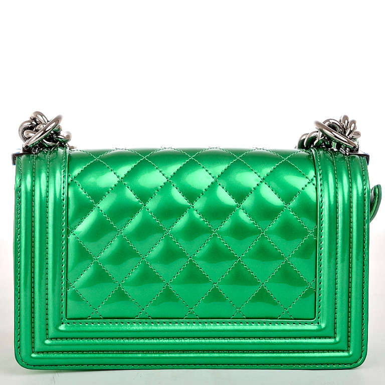 Chanel Metallic Green Patent Small Boy Bag In New Condition In New York, NY