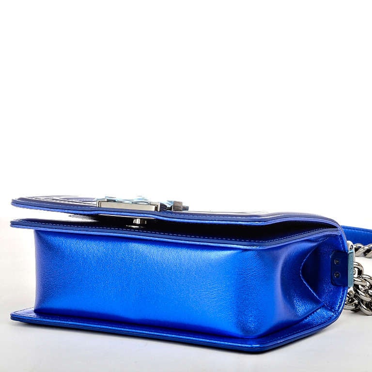 Chanel Metallic Blue Patent Small Boy Bag 2