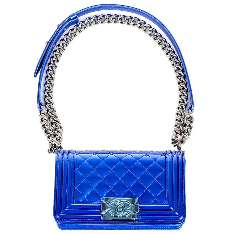 Chanel Metallic Blue Patent Small Boy Bag 4