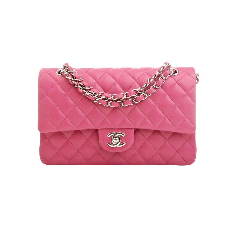 Chanel Fuchsia Pink Quilted Lambskin Large Classic 2.55 Double Flap Bag For Sale