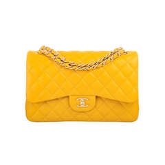 Chanel Yellow Quilted Lambskin Jumbo Classic Double Flap Bag Gold Hardware