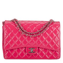 Chanel Fuchsia Pink Quilted Patent Maxi Classic Double Flap Bag