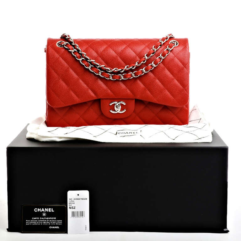 Chanel Lipstick Red Quilted Caviar Jumbo Classic 2.55 Double Flap Bag 6