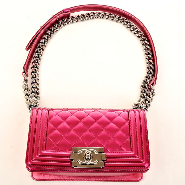 Chanel Metallic Fuchsia Pink Patent Small Boy Bag 4