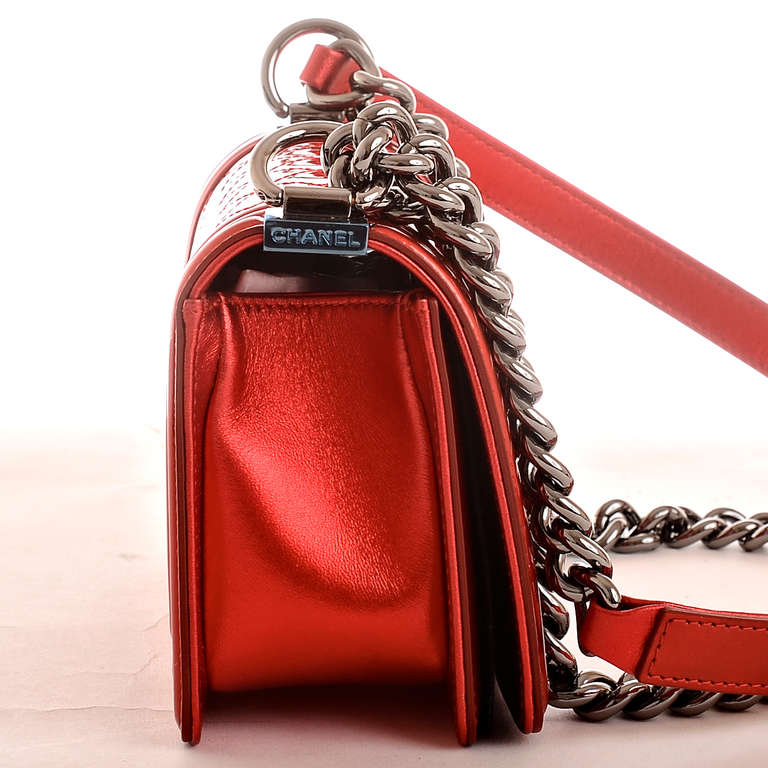 Chanel Metallic Red Patent Small Boy Bag In New Condition In New York, NY