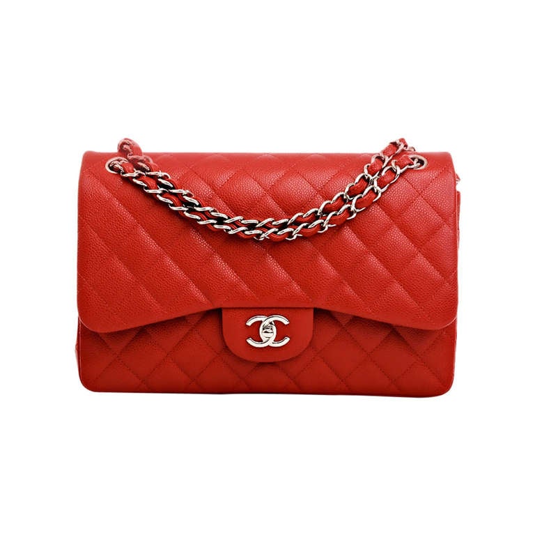 Chanel Lipstick Red Quilted Caviar Jumbo Classic 2.55 Double Flap Bag