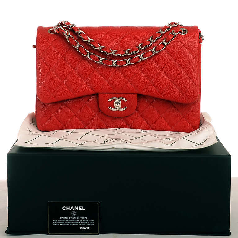 Chanel Lipstick Red Quilted Caviar Jumbo Classic 2.55 Double Flap Bag 4