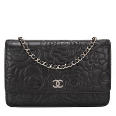 Chanel Black Lambskin Camellia Wallet On Chain (WOC)