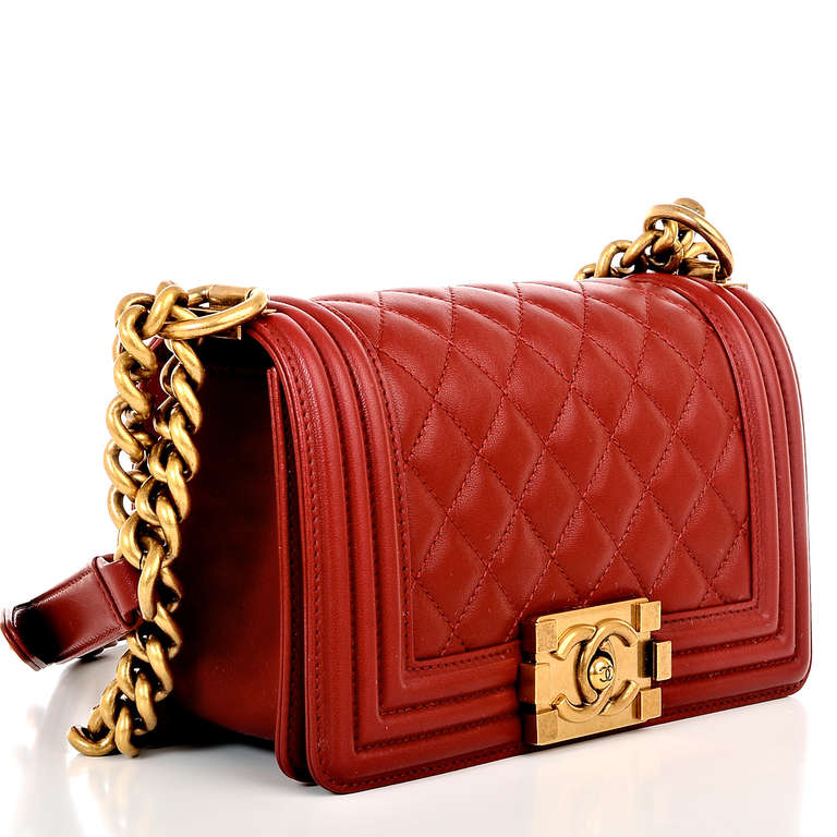 Chanel Red Lambskin Small Boy Bag In New Condition In New York, NY