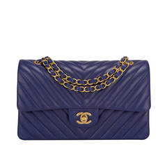 Chanel Blue Chevron Medium Classic Double Flap Bag
