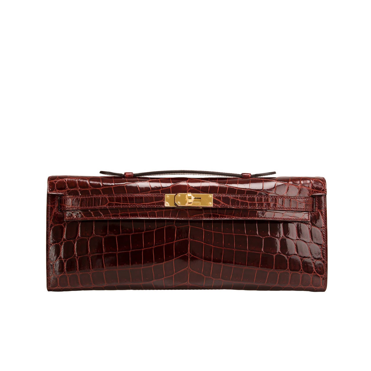 Hermes Bordeaux Shiny Niloticus Crocodile Kelly Cut Gold Hardware NEW