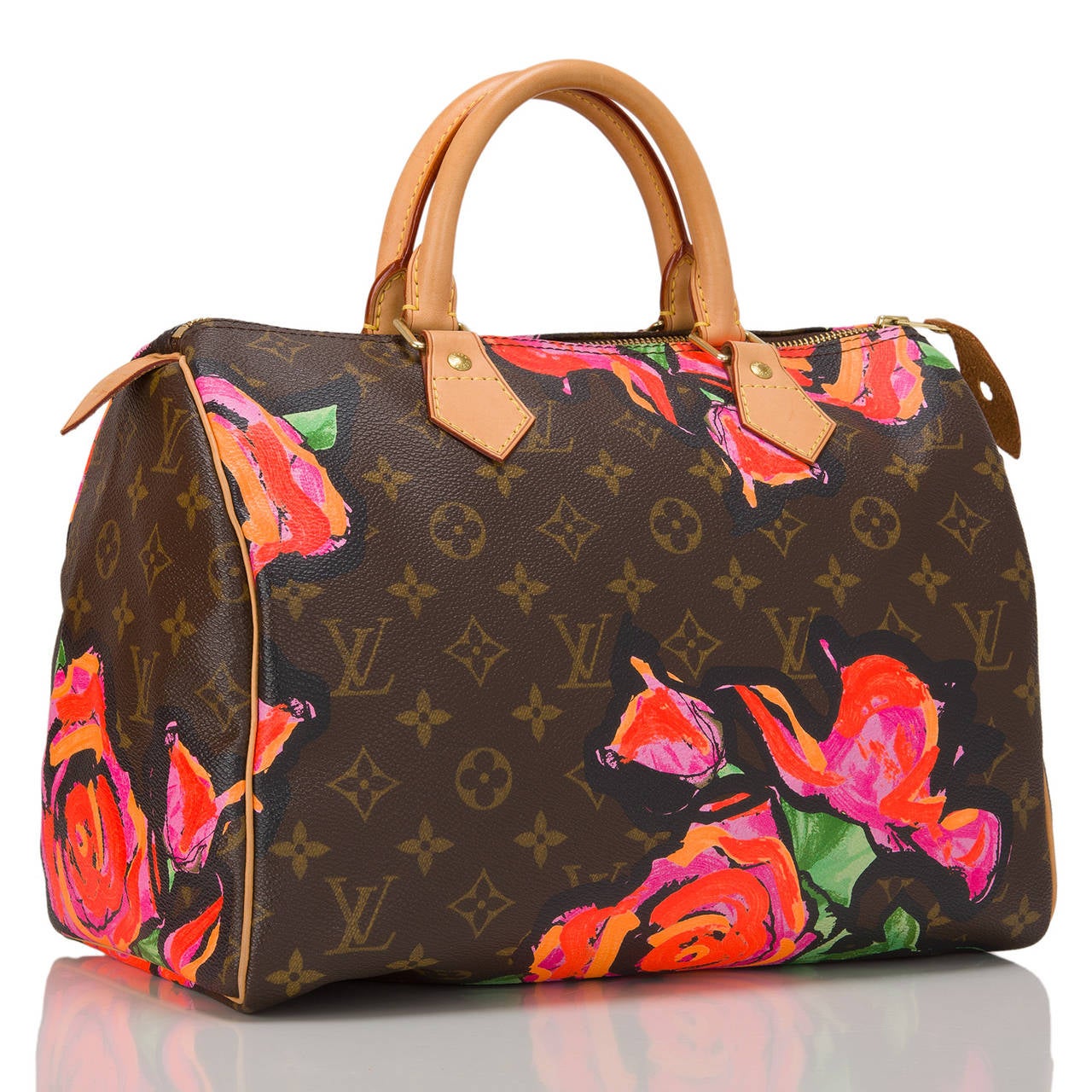 Louis Vuitton Monogram Roses Speedy 30 of coated canvas inspired by Stephen Sprouse.

This limited edition bag features a bright rose design, polished brass hardware, yellow contrast stitching, top zipper closure and double rolled handles.

The