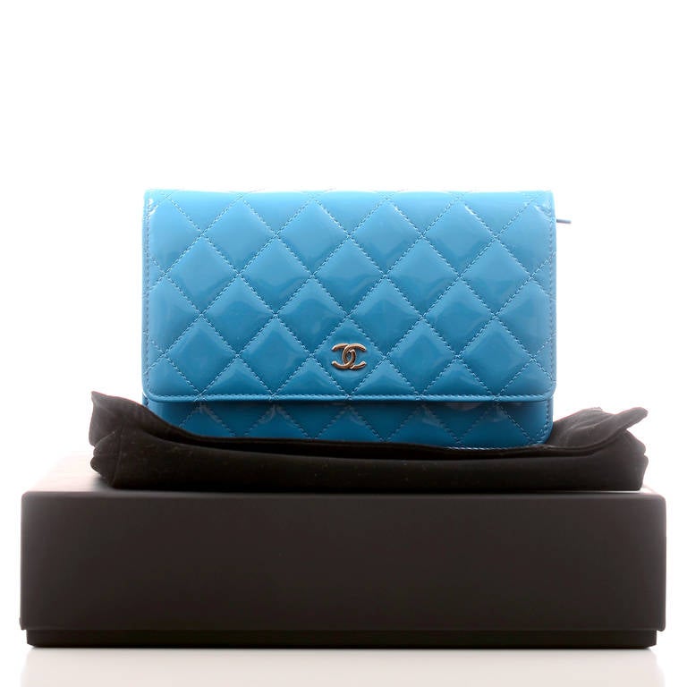 Chanel Turquoise Blue Patent Wallet On Chain (WOC) 6