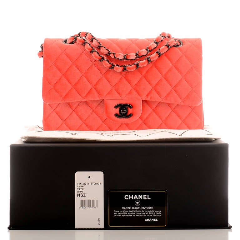 Chanel Coral Pink Quilted Velvet Velour Large Classic Double Flap Bag 5